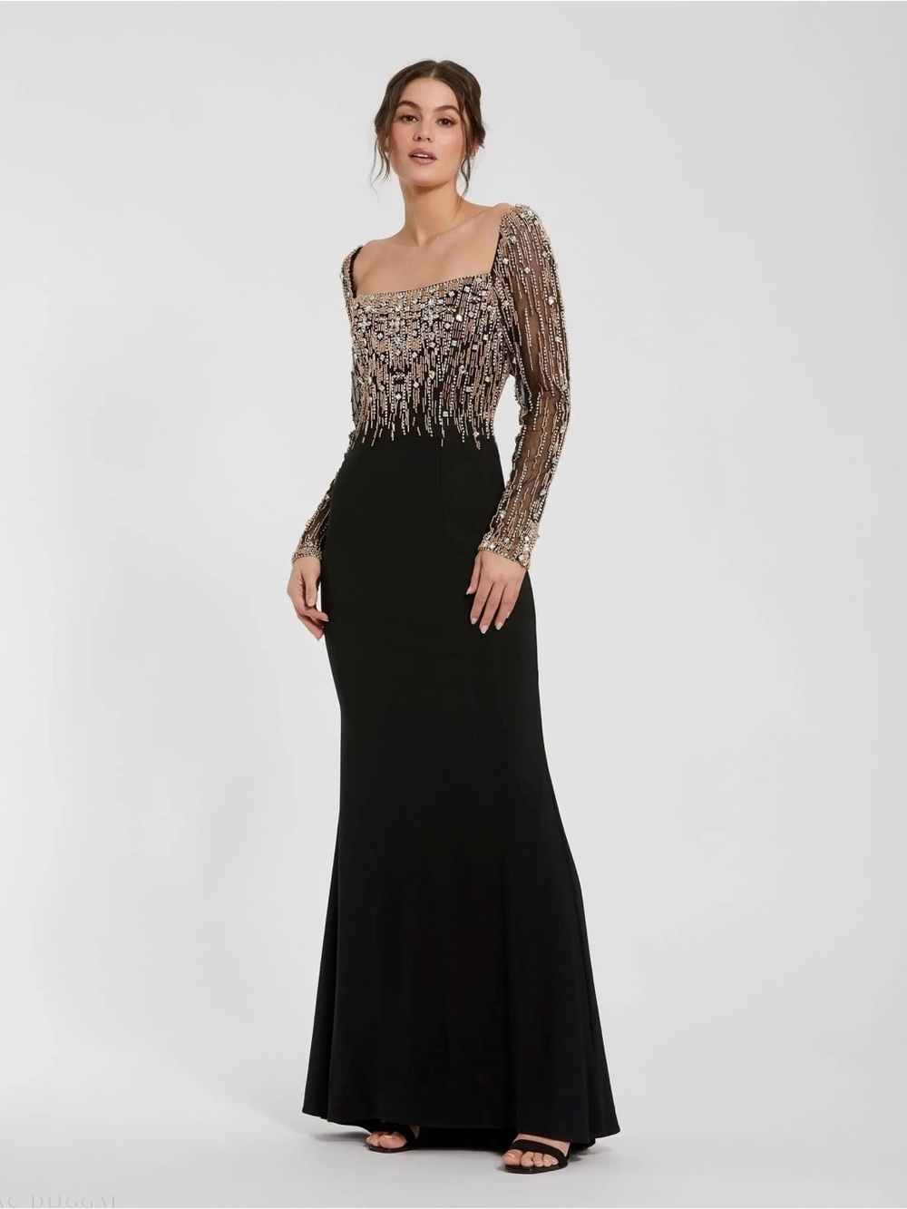 Mac Duggal 2256 Black Beaded Square Neck Long Sleeve Jersey Gown Size 14 NWT
